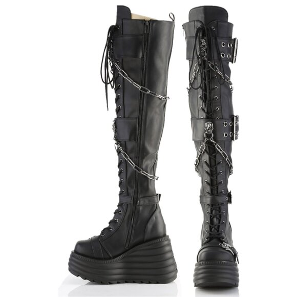 Demonia Morty Thigh High Platform Goth Punk Rocker Boots Stretch Big Buckles - Picture 6 of 10